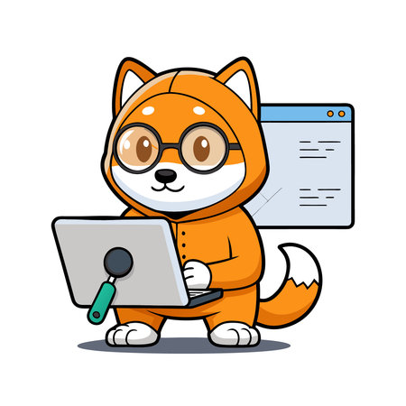 Cute dog in a hoodie and glasses with a laptop. Vector illustration.のイラスト素材