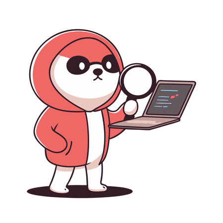 Cute dog in a hoodie and glasses with a laptop. Vector illustration.のイラスト素材