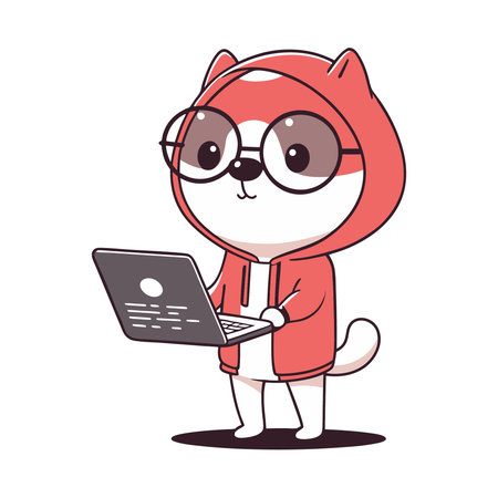 Cute dog in a hoodie and glasses with a laptop. Vector illustration.のイラスト素材