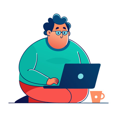 Fat woman sitting on the floor with laptop. Vector illustration in a flat style.のイラスト素材