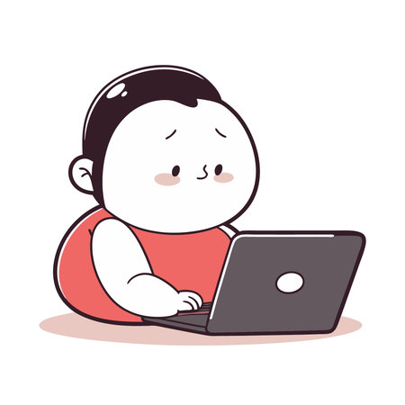 Fat woman sitting on the floor with laptop. Vector illustration in a flat style.のイラスト素材