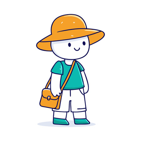 Cute little boy wearing hat and backpack, vector cartoon illustration.のイラスト素材