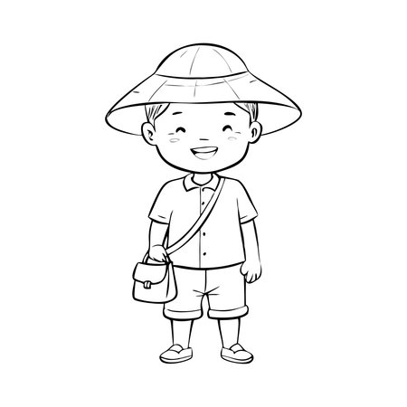 Cute little boy wearing hat and backpack, vector cartoon illustration.のイラスト素材