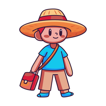 Cute little boy wearing hat and backpack, vector cartoon illustration.のイラスト素材