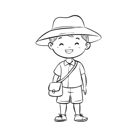 Cute little boy wearing hat and backpack, vector cartoon illustration.のイラスト素材