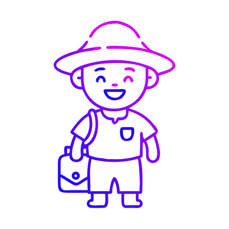 Cute little boy wearing hat and backpack, vector cartoon illustration.のイラスト素材