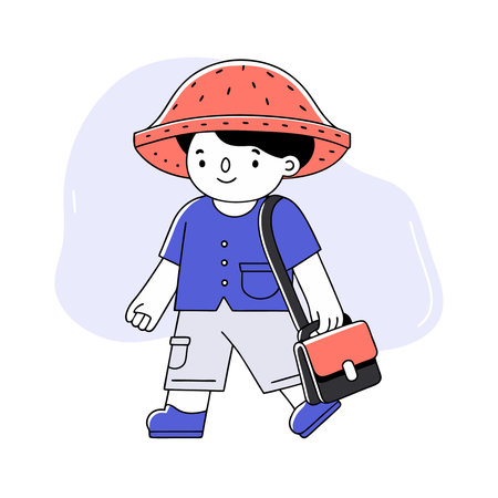 Cute little boy wearing hat and backpack, vector cartoon illustration.のイラスト素材
