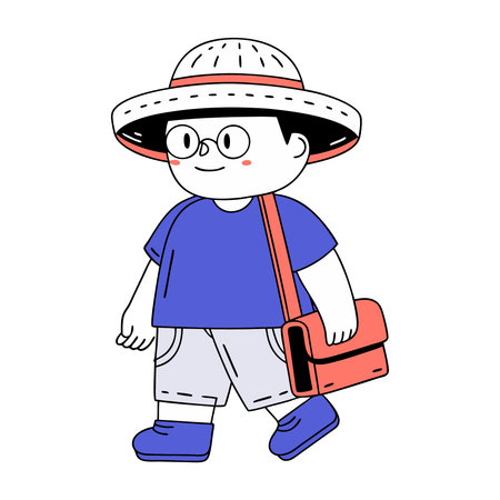 Cute little boy wearing hat and backpack, vector cartoon illustration.のイラスト素材