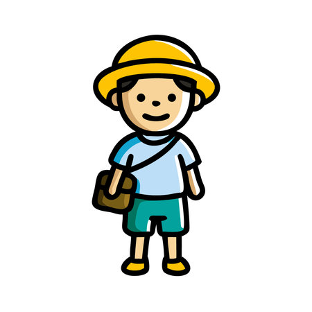 Cute little boy wearing hat and backpack, vector cartoon illustration.のイラスト素材