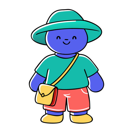 Cute little boy wearing hat and backpack, vector cartoon illustration.のイラスト素材