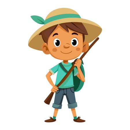 Cute little boy wearing hat and backpack, vector cartoon illustration.のイラスト素材