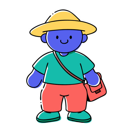 Cute little boy wearing hat and backpack, vector cartoon illustration.のイラスト素材