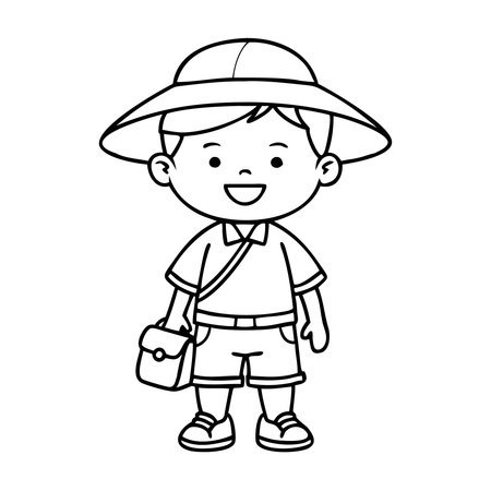Cute little boy wearing hat and backpack, vector cartoon illustration.のイラスト素材