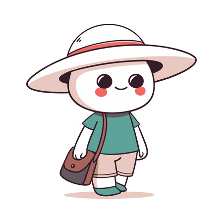 Cute boy wearing hat and carrying a suitcase. Vector illustration.のイラスト素材