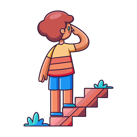 Sad boy is standing on the stairs. Vector illustration in cartoon styleのイラスト素材