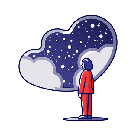 Vector illustration of woman looking at night sky with clouds. Flat style.のイラスト素材