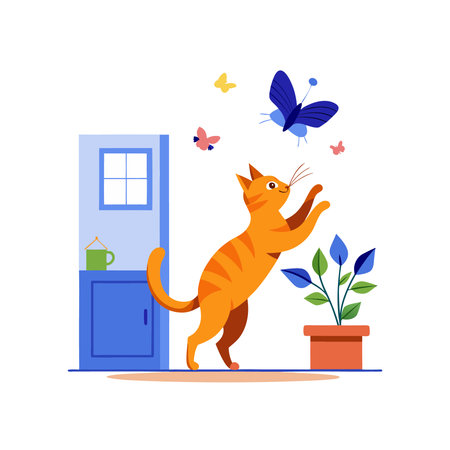 Cat at the entrance to the house. Vector illustration in flat styleのイラスト素材
