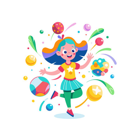 Little girl playing with balls and bubbles. Vector flat cartoon illustration.のイラスト素材