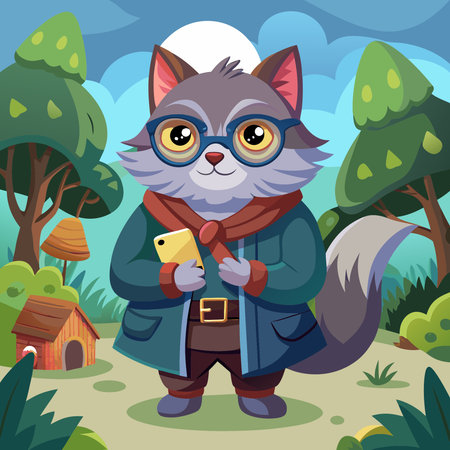 Vector illustration of a cartoon cat in a coat and glasses with a phone in his hands.のイラスト素材
