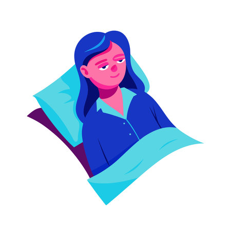 Woman sleeping in bed. Girl in pajamas. Vector illustration.のイラスト素材