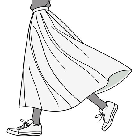 Illustration of a woman walking in a long skirt and sneakers.のイラスト素材
