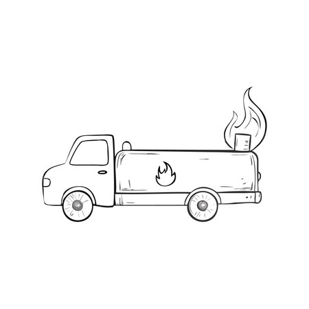Vector hand drawn doodle illustration of a truck with a fire.のイラスト素材
