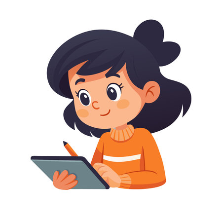 Cute little girl in orange sweater using tablet computer, cartoon vector Illustration isolated on a white background.のイラスト素材
