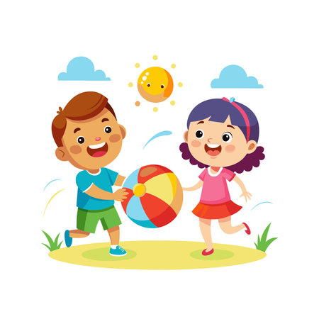 Children playing with ball, boy and girl having fun vector Illustrationのイラスト素材