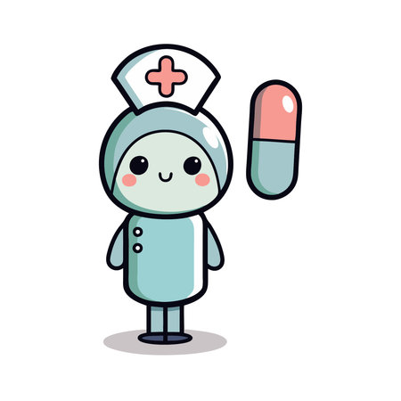 Nurse with pill character cartoon vector illustration. Cute cartoon nurse with pill character.のイラスト素材