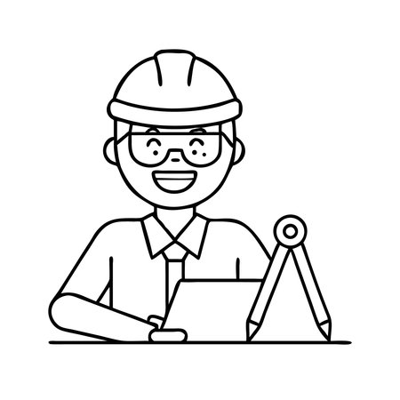 engineer man with helmet and drawing compass vector illustration line style iconのイラスト素材