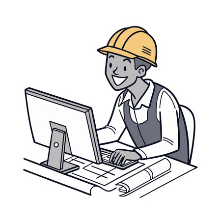 Illustration of a construction worker with a computer on a white backgroundのイラスト素材