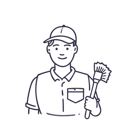 Cleaning service worker line icon. Man with brush and bucket. Vector illustrationのイラスト素材