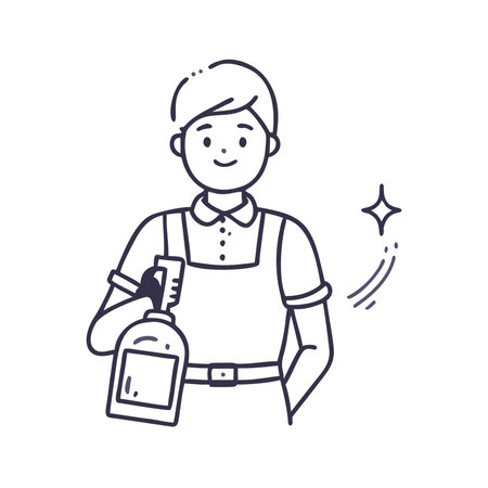 Cleaning service line icon. Man in uniform holding sprayer and cleaning supplies. Vector illustrationのイラスト素材