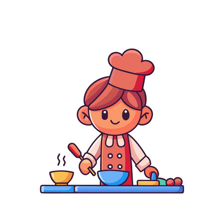 Cute little chef cartoon character cooking. Vector illustration in flat styleのイラスト素材