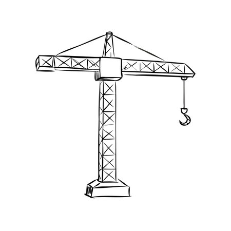 Hand drawn sketch of a construction crane. Vector illustration isolated on white background.のイラスト素材