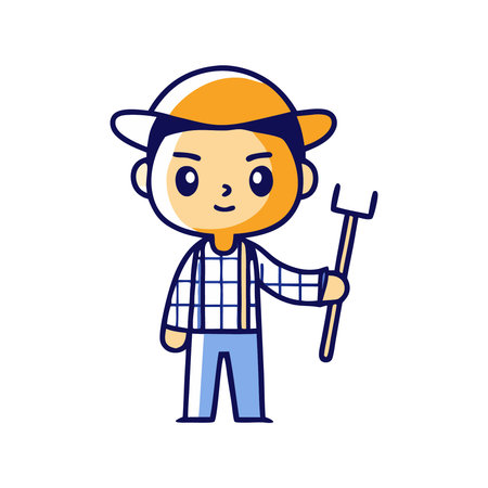 cute farmer man with hat and pitchfork character vector illustration designのイラスト素材