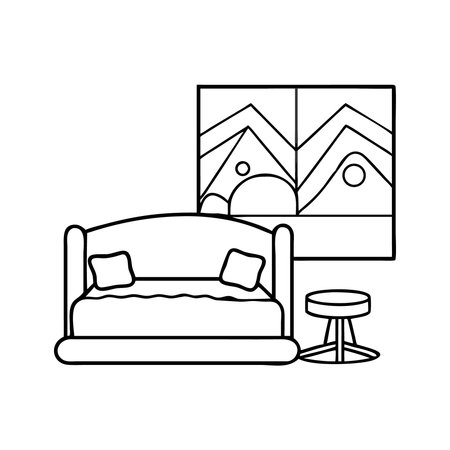 comfortable bed with pillow in living room vector illustration line style iconのイラスト素材