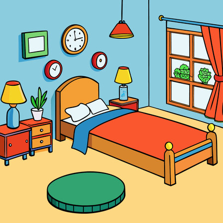 Bedroom interior. Vector illustration of a room with a bed.のイラスト素材
