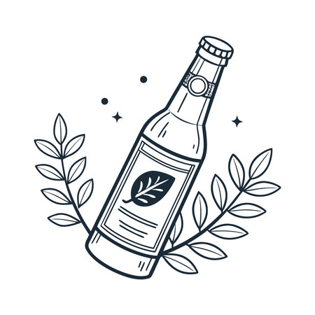 Beer bottle with leaves. Hand drawn vector illustration in doodle style.のイラスト素材