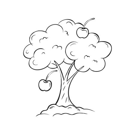 Apple tree. Black and white vector illustration isolated on white background.のイラスト素材