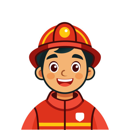 Cartoon vector illustration of a smiling firefighter in a red uniform.のイラスト素材