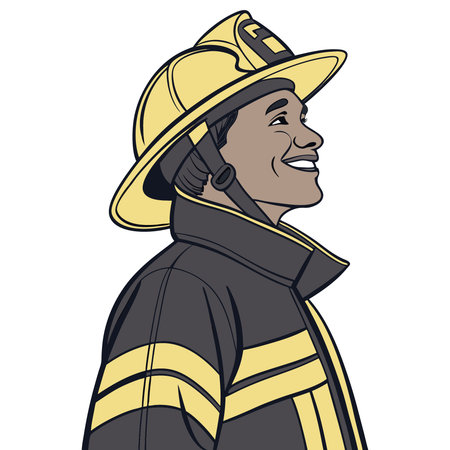 Illustration of a fireman smiling and wearing a firefighter suit.のイラスト素材
