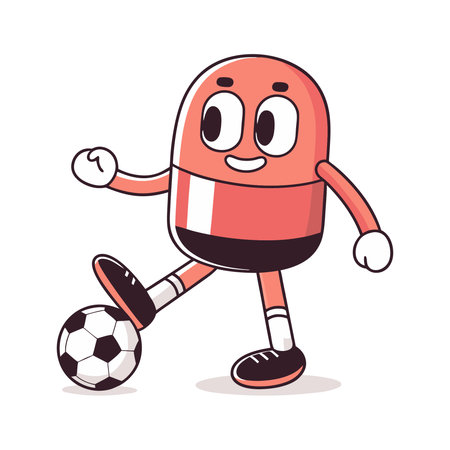 Cartoon Red Capsule Character Playing Soccer. Vector Illustration.のイラスト素材
