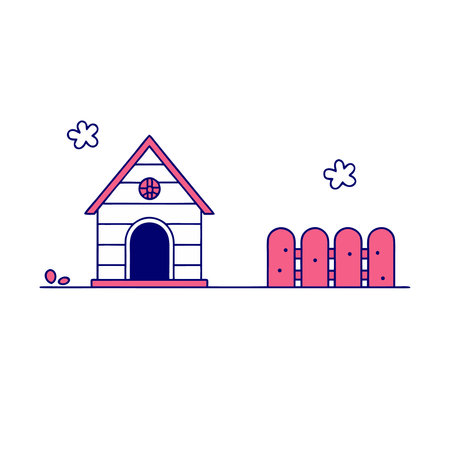 Dog house with fence and clover. Flat style vector illustration.のイラスト素材