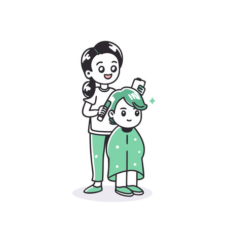 Woman hairdresser cutting hair of a little girl. Vector illustration.のイラスト素材