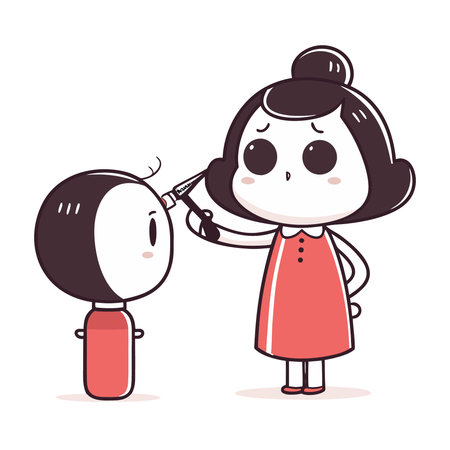 Female hairdresser doing haircut to cute girl. Vector illustration.のイラスト素材