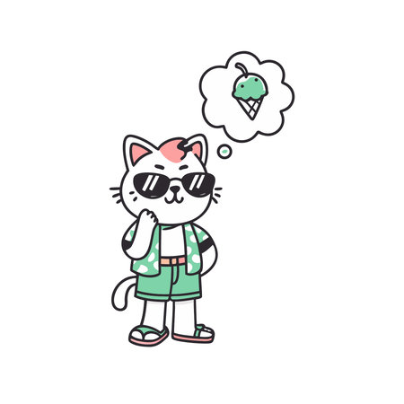 Cute kawaii cat in sunglasses with ice cream. Vector illustration.のイラスト素材