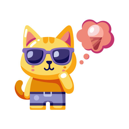 Cute cat in sunglasses and shorts with ice cream. Vector illustration.のイラスト素材