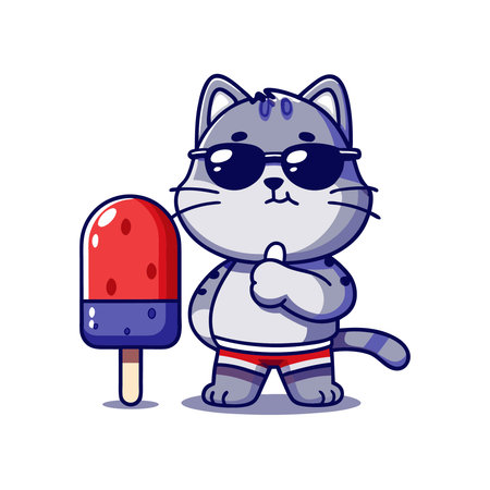 Cute cartoon cat in sunglasses with ice cream. Vector illustration.のイラスト素材