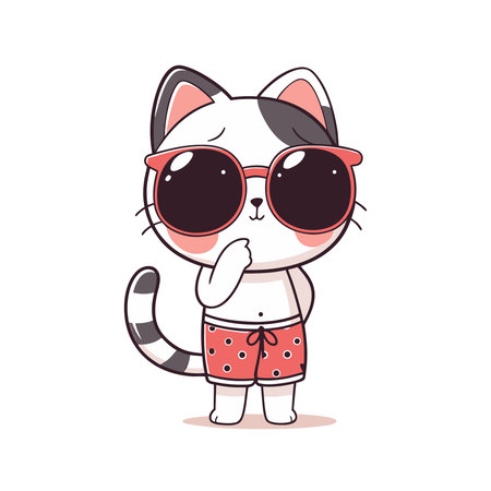 Cute cartoon cat in summer clothes and sunglasses. Vector illustration.のイラスト素材